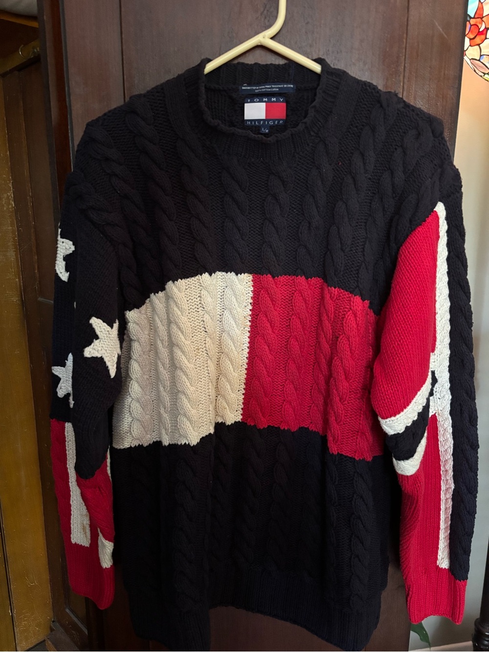 Tommy Hilfiger Men’s Black Cable Knit Flag Sweater - Red & Cream Accents